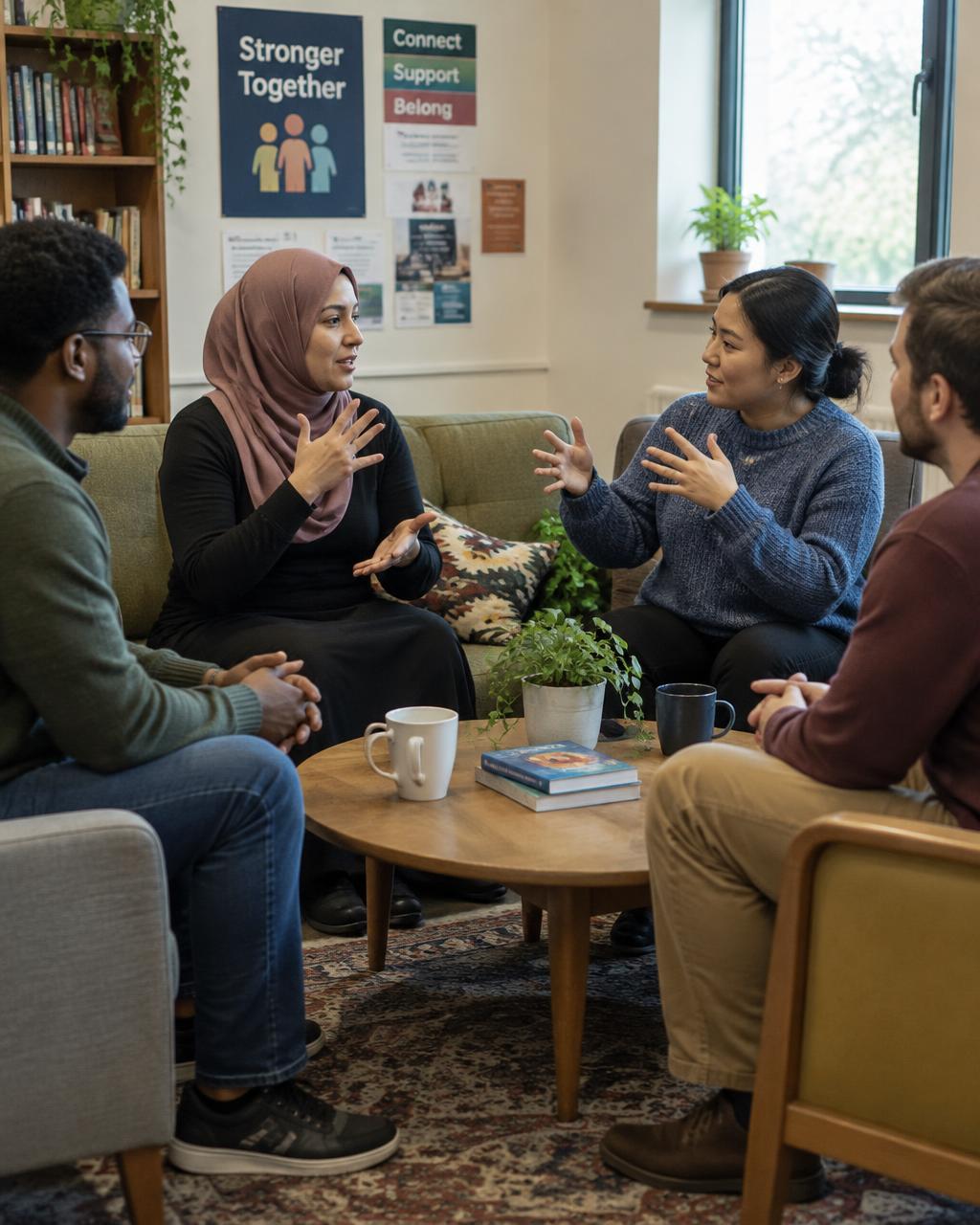 A small, diverse group conversing in sign language around a coffee table