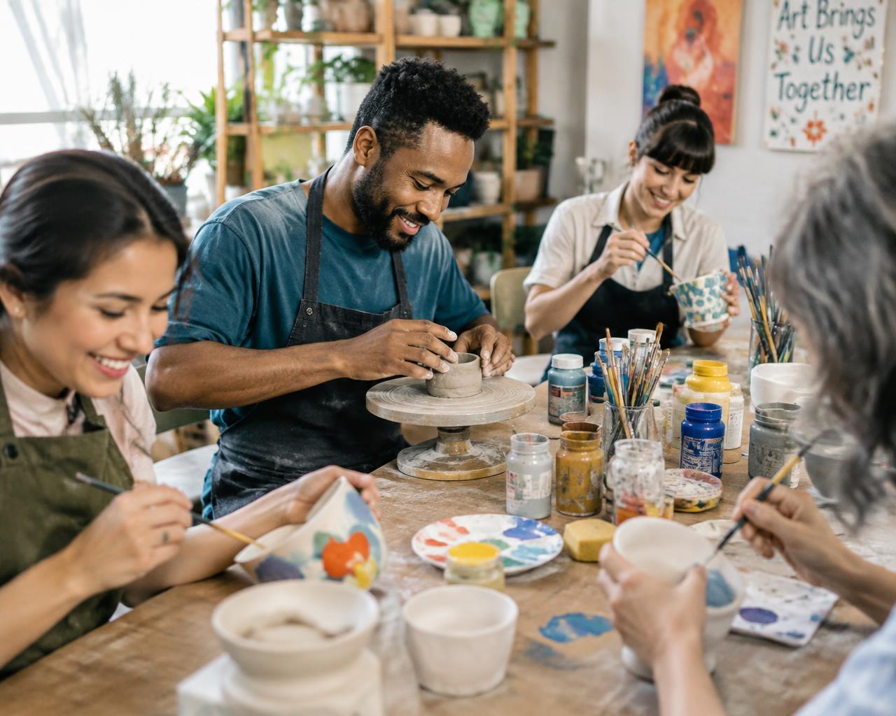 Adults painting and shaping pottery together at a community art workshop