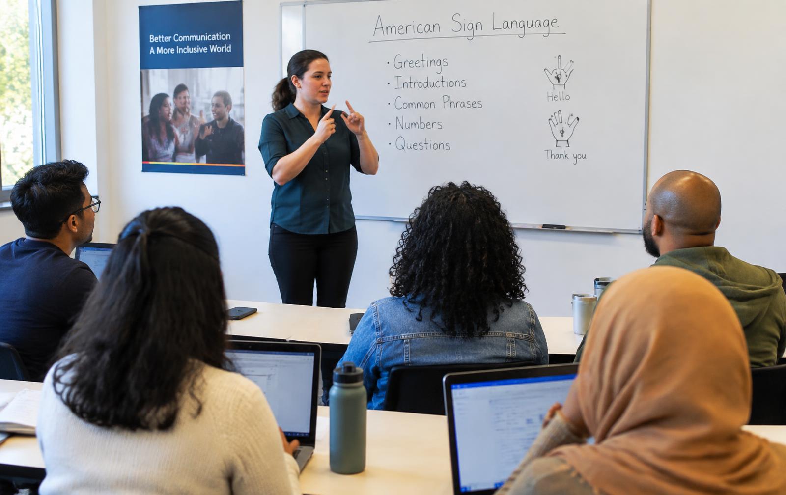 An instructor signing to adult learners in a bright classroom workshop
