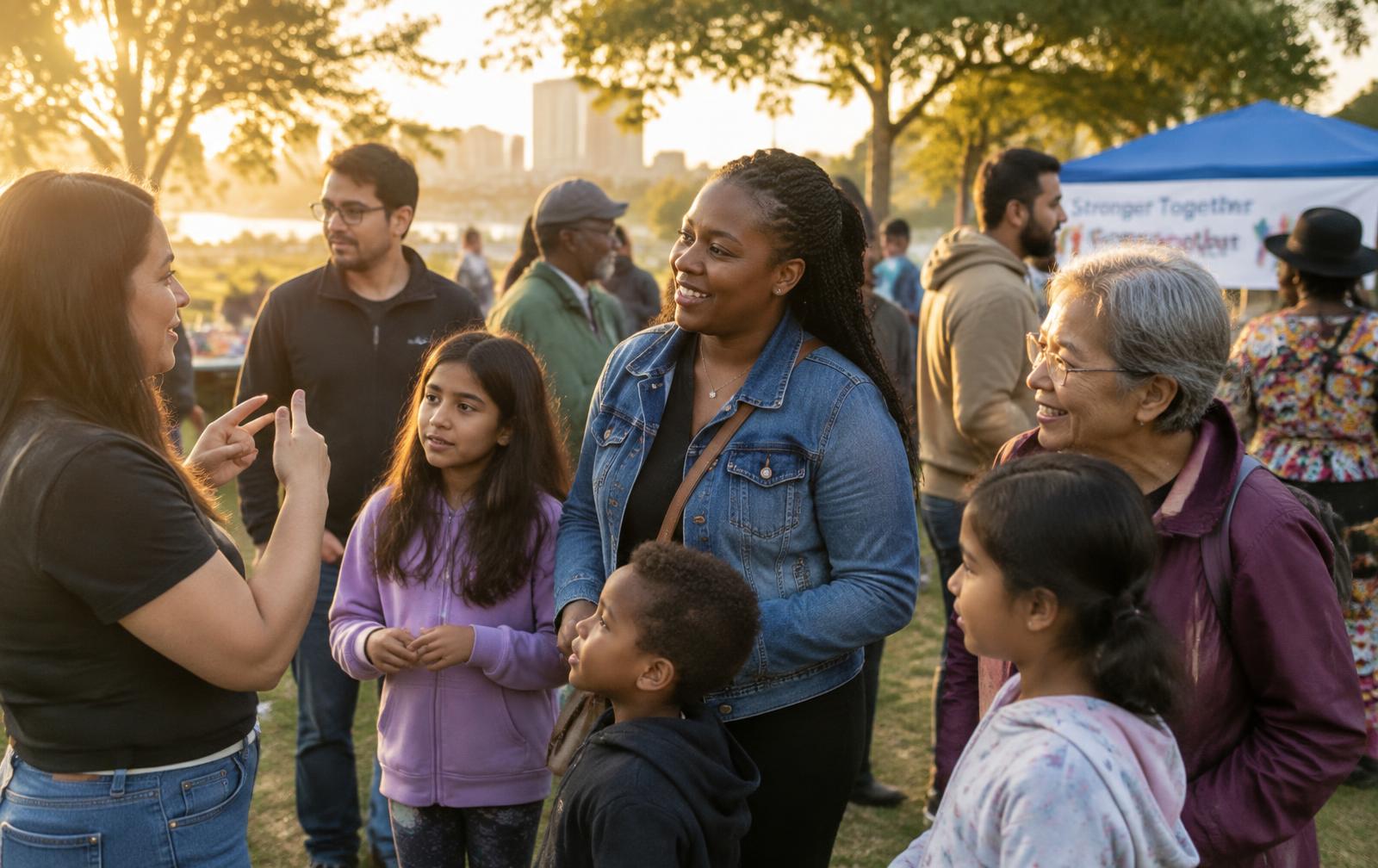 A multigenerational, multicultural group gathered and signing at an outdoor community event