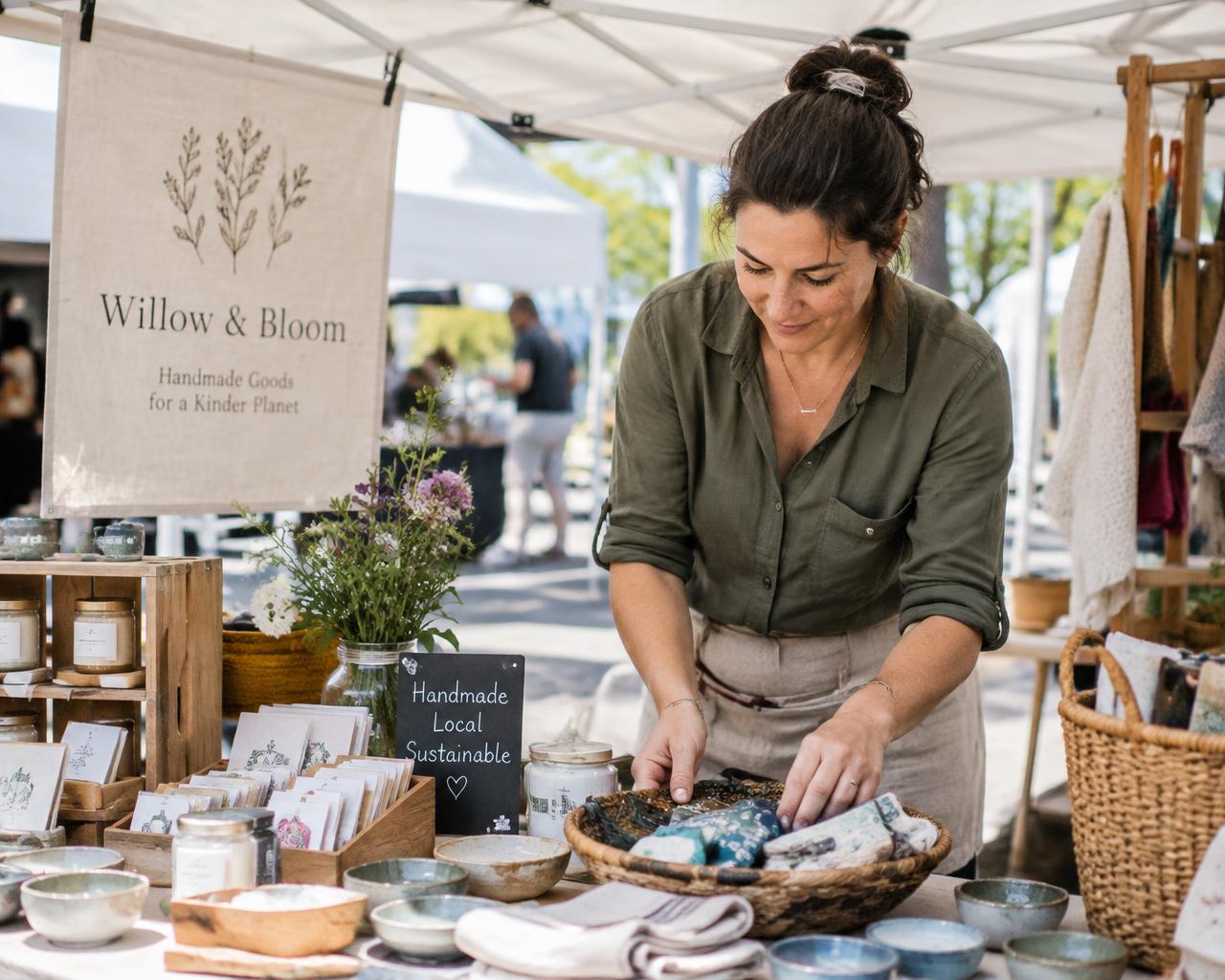 A small business owner arranging handmade goods at her market stall
